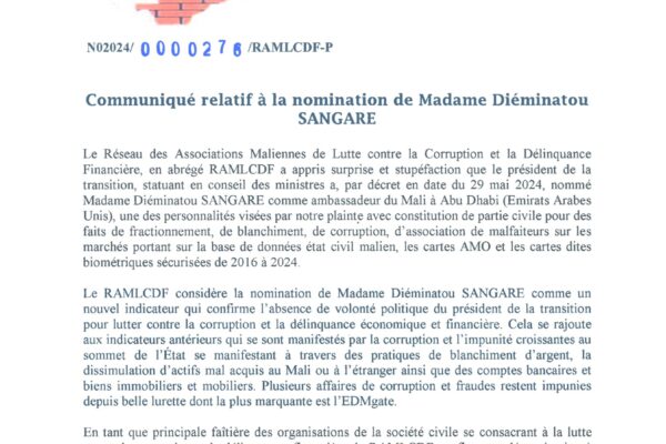 LE RAMLCDF VENT DEBOUT CONTRE LA NOMINATION DE DIÉMINATOU SANGARÉ COMME AMBASSADEUR DU MALI À ABU DHABI 